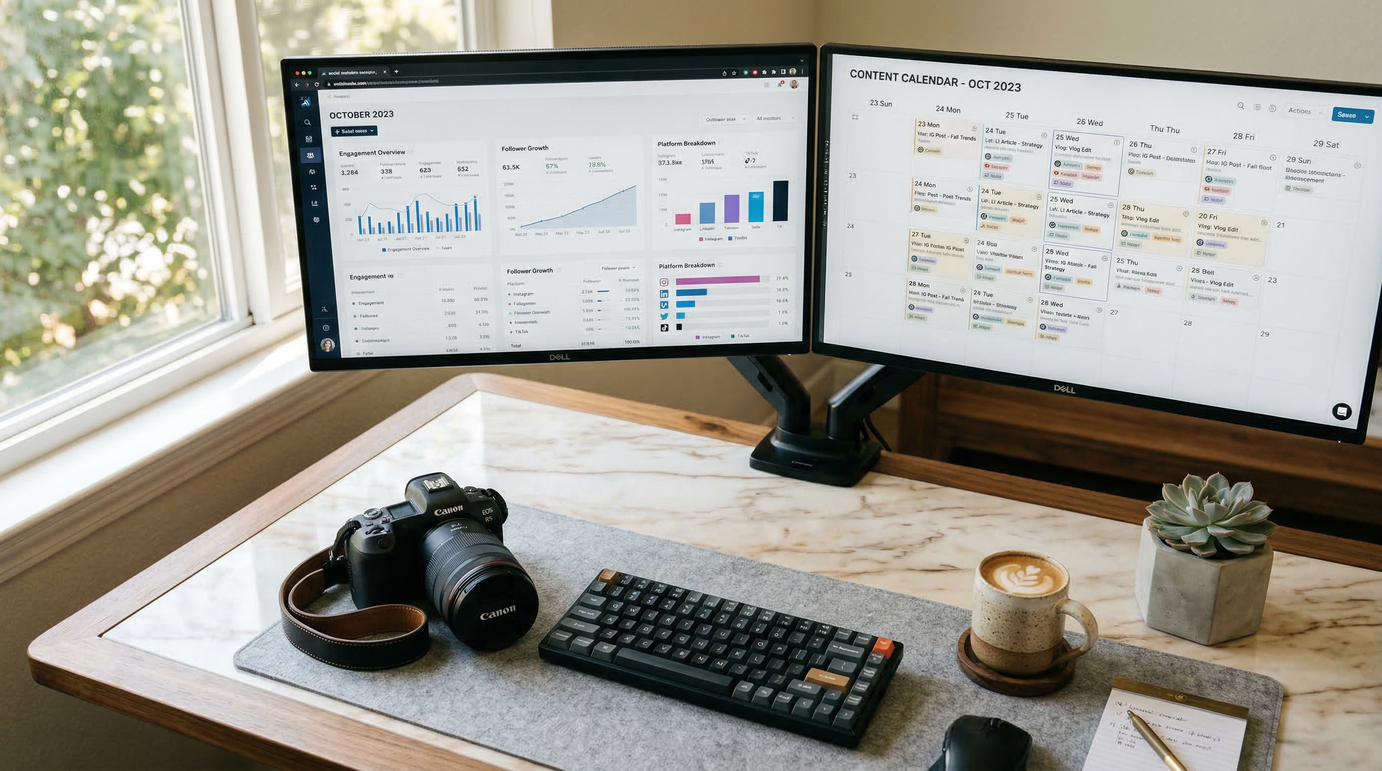 Professional dual-monitor workspace with Canon DSLR camera, analytics dashboards, content calendar, and espresso