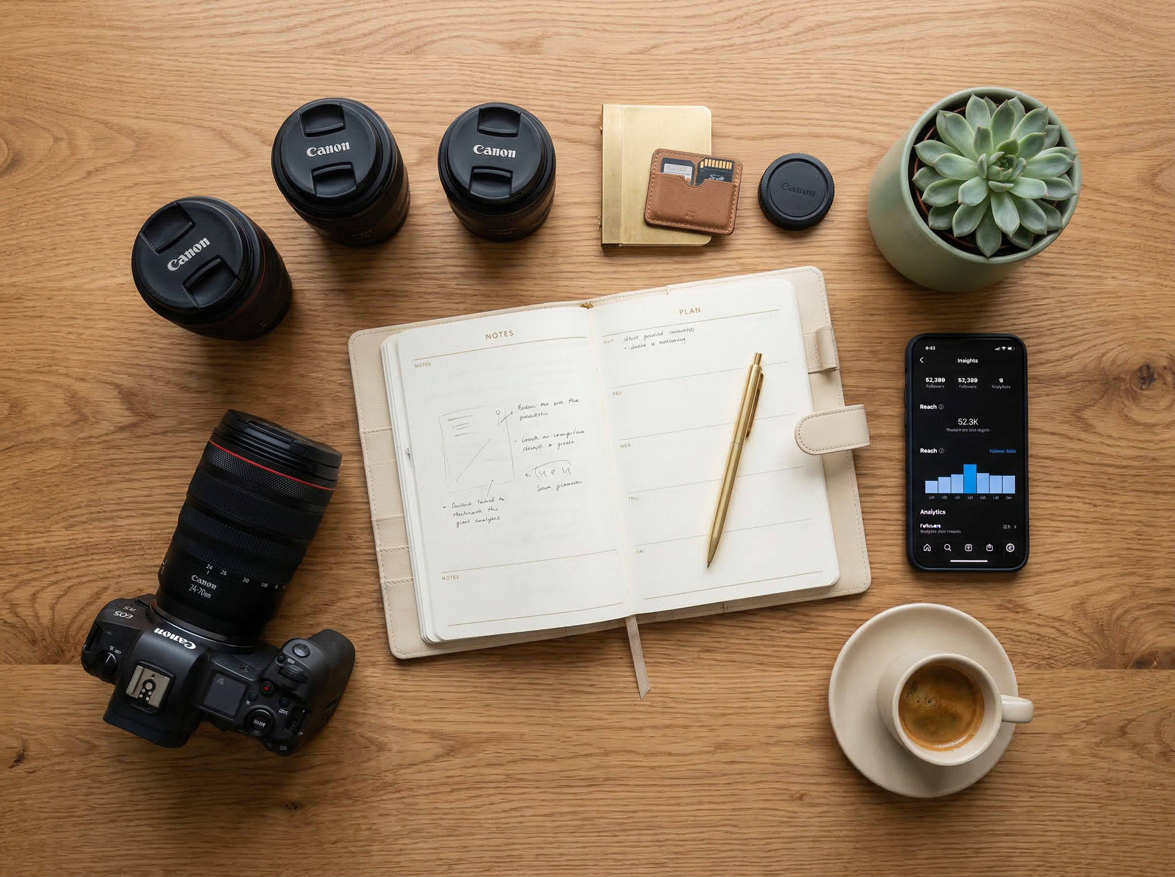 Flat lay of professional Canon camera, lenses, planner, phone showing analytics, succulent, and espresso on wood surface